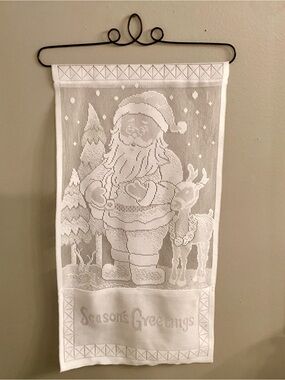 Vtg. White Lace Santa on Decorative Metal Hanger 25”L